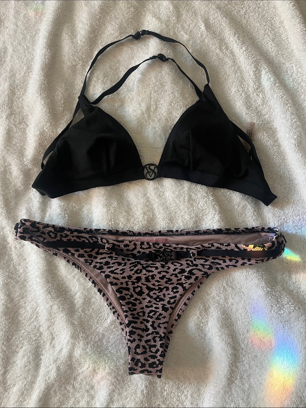 Victoria's Secret Black Triangle Bikini Top with Pink Leopard Print Bottom